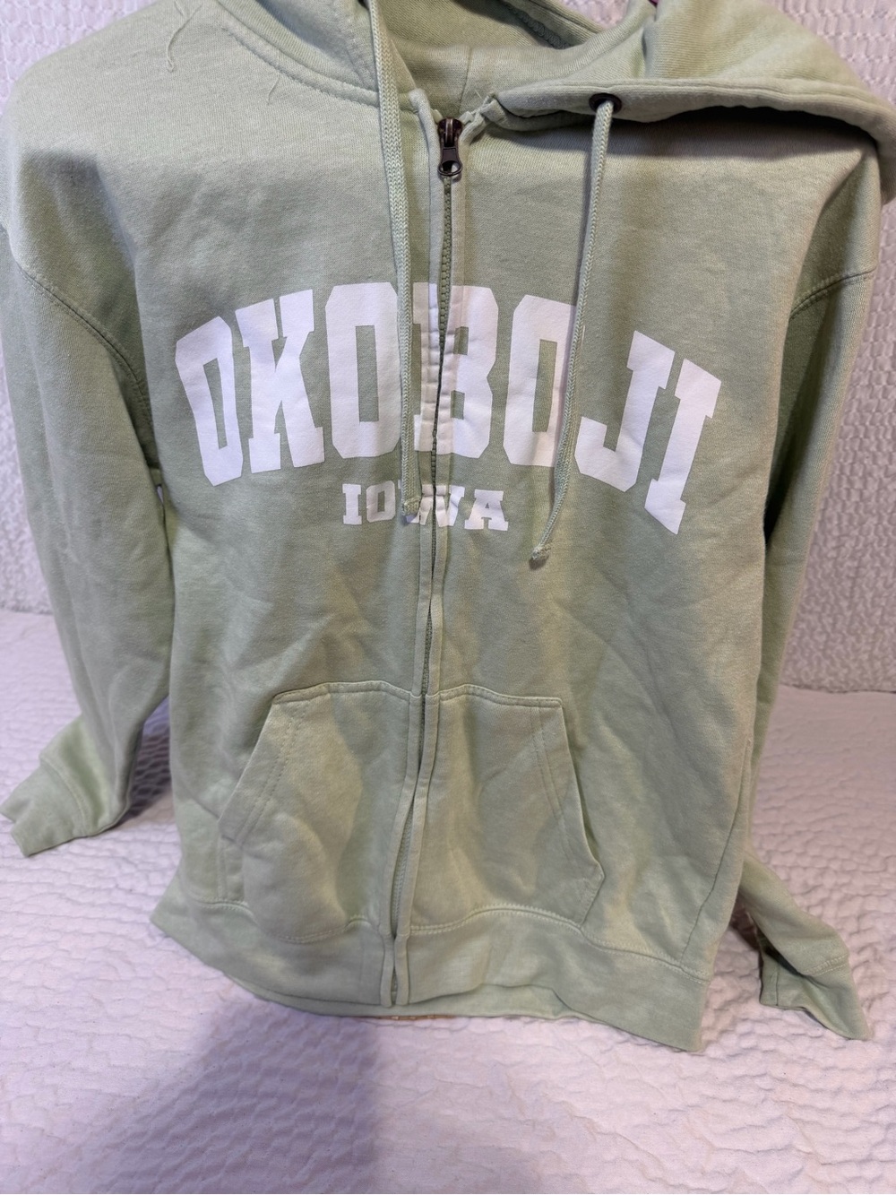 Light Sage Green Zip-Up Hoodie with Iowa Graphic